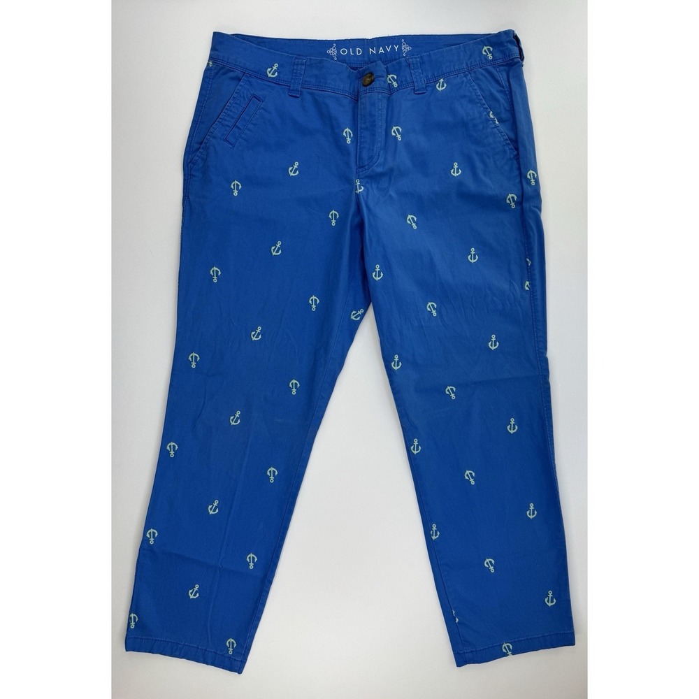 Old Navy Embroidered Anchor Chino Pants Womens 12 Blue Nautical Coastal Preppy